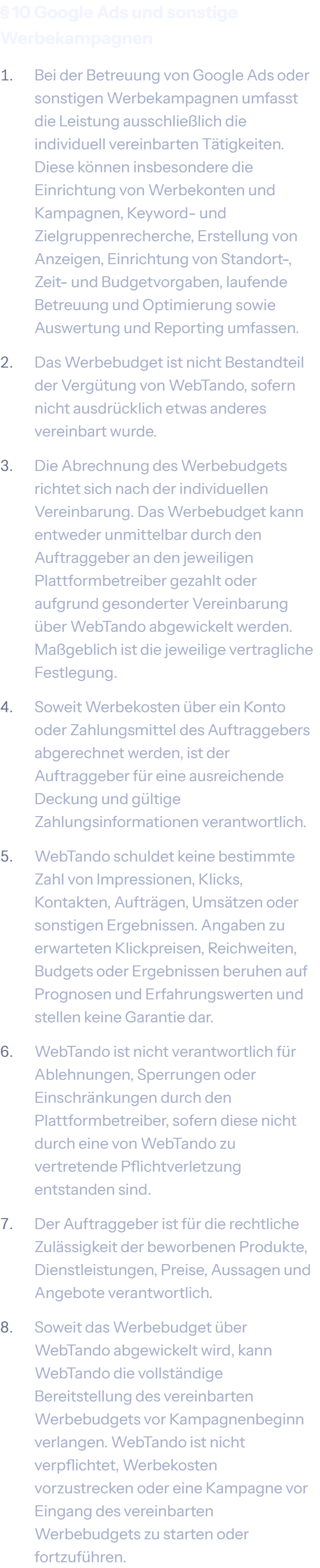 § 10 Google Ads und sonstige Werbekampagnen der AGB