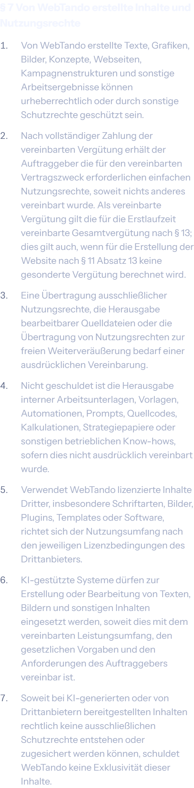 § 7 Von WebTando erstellte Inhalte und Nutzungsrechte der AGB