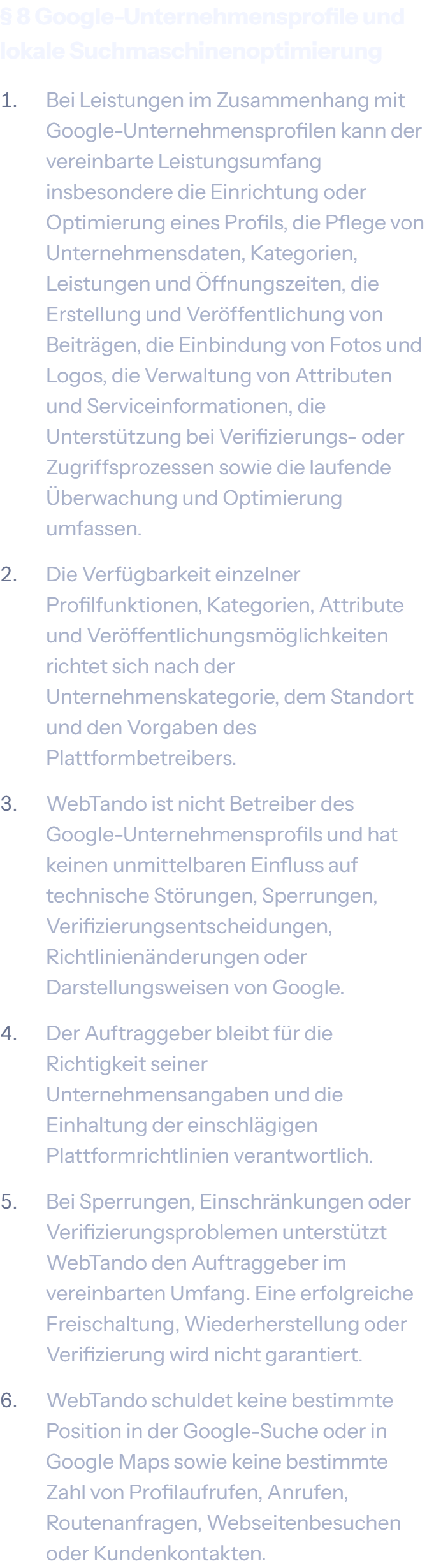 § 8 Google-Unternehmensprofile und lokale Suchmaschinenoptimierung der AGB