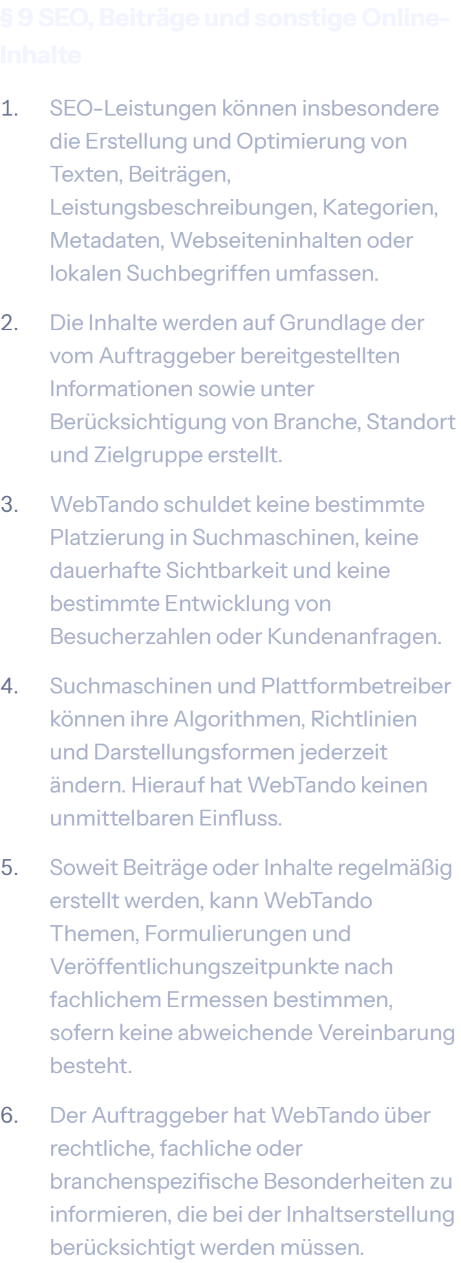 § 9 SEO, Beiträge und sonstige Online-Inhalte der AGB