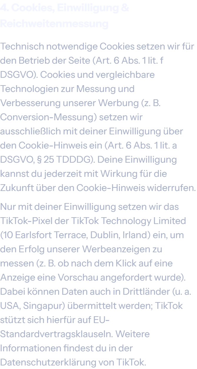 Abschnitt 4. Cookies, Einwilligung & Reichweitenmessung der Datenschutzerklärung